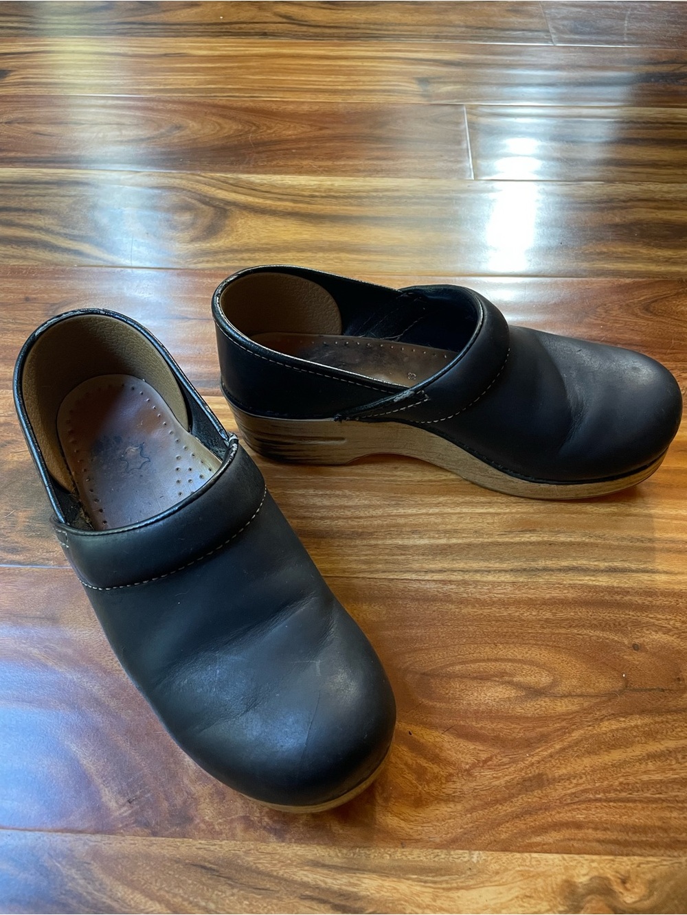 Black Leather Clog Mules with Wood-Look Sole